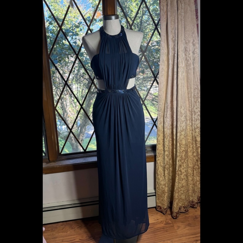 La Femme Navy Blue Sequin Halter Cutout T-Back Evening Gown Dress Size 6